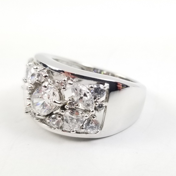 Diamonique Wide Band Platinum & Sterling Ring - Picture 2 of 7